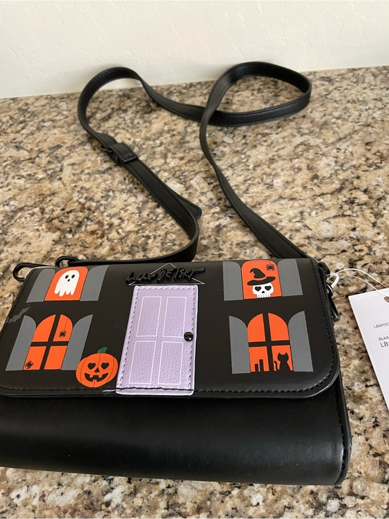 Betsey Johnson Handbags - Betsey Johnson Halloween Graphic Black Crossbody Bag with Purple Door Accent